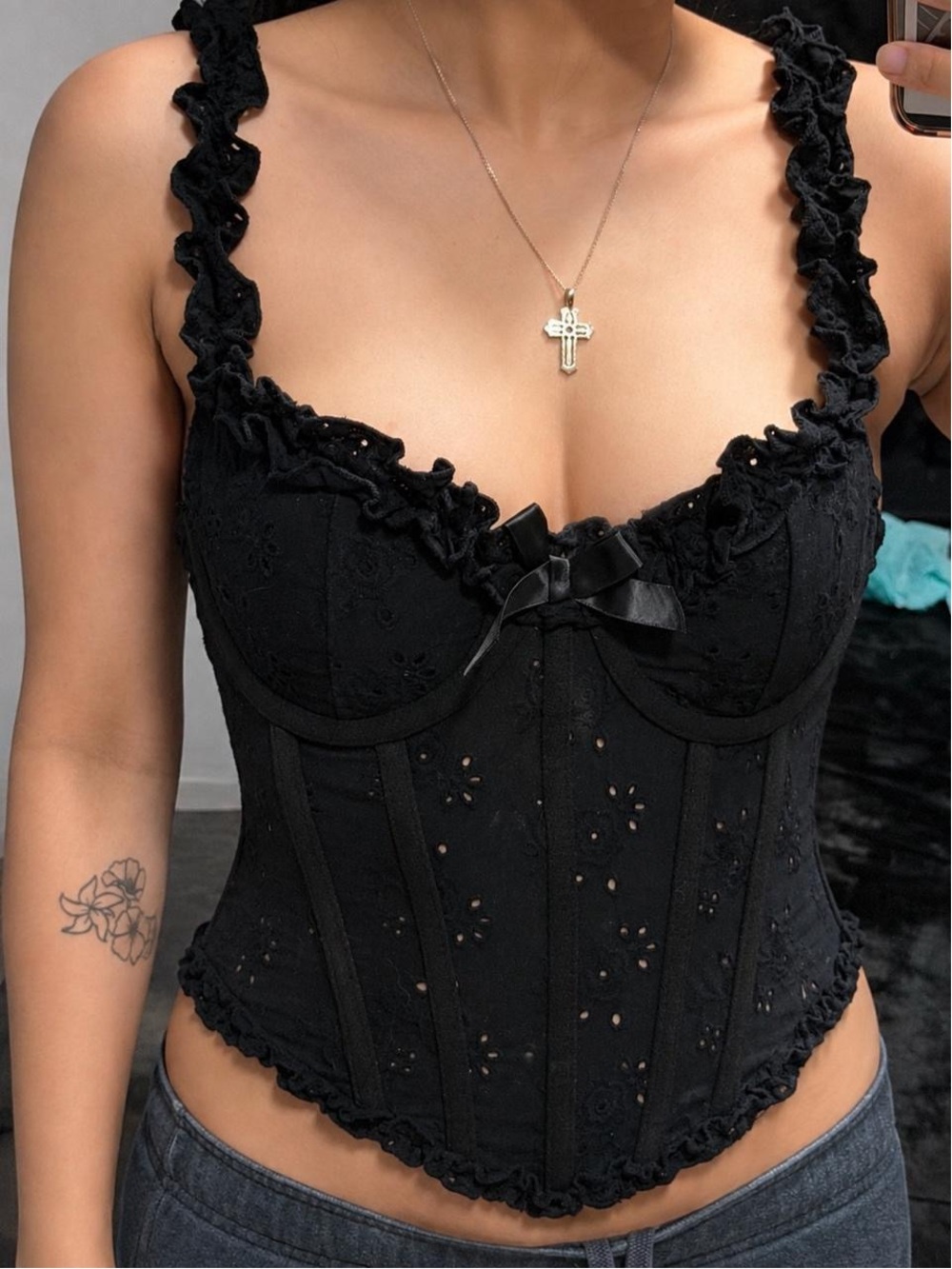 Ruffled Black Lace Bustier Crop Top - Women
